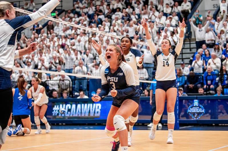 Penn State's Gillian Grimes (3) celebrates with teammates in game against Creighton in December 2024.