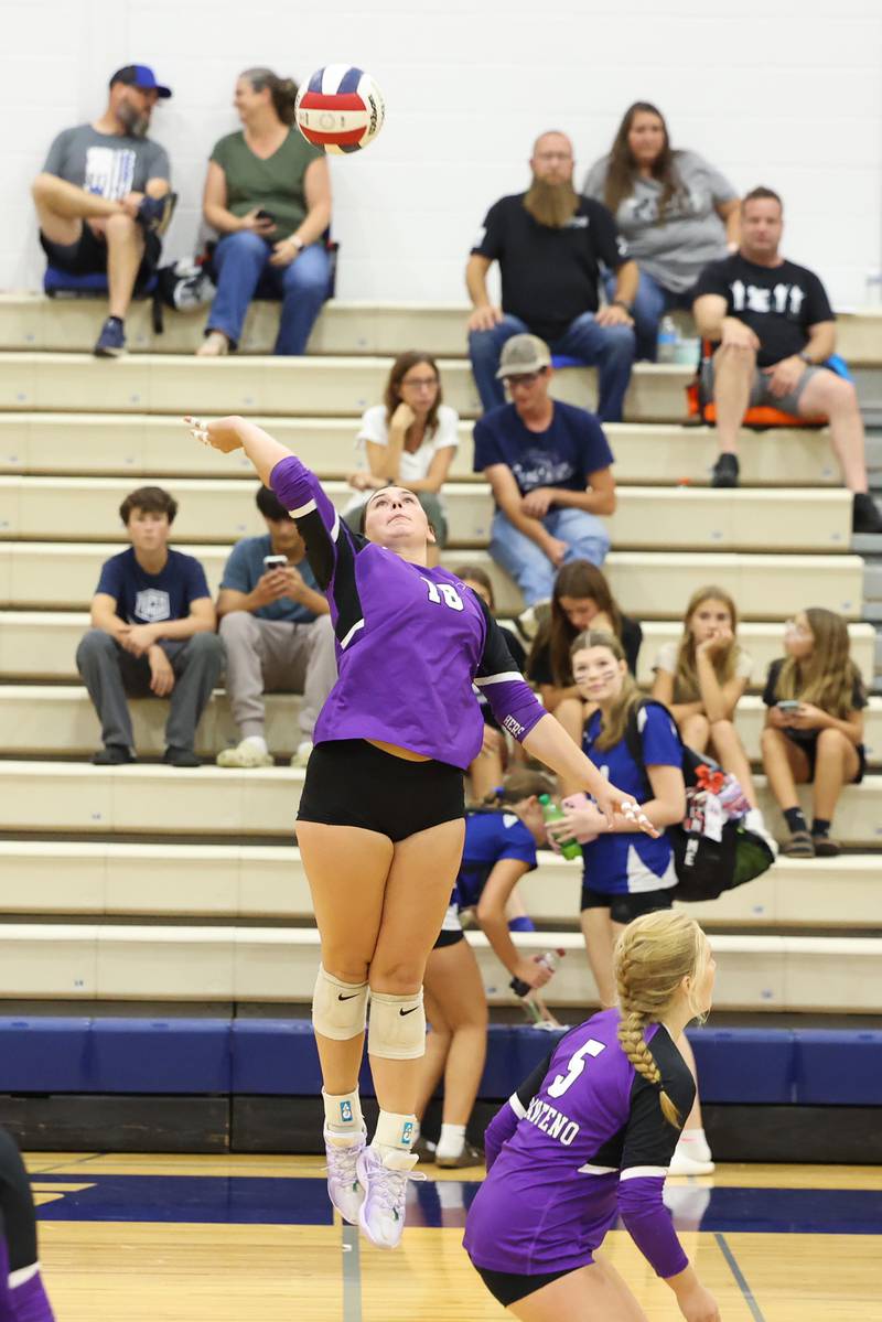 Manteno's Maddie Gesky jumps for a back row hit during the Panthers' victory in three sets, 19-25, 25-19, 25-21, over Peotone on Tuesday, Sept. 23, 2025.