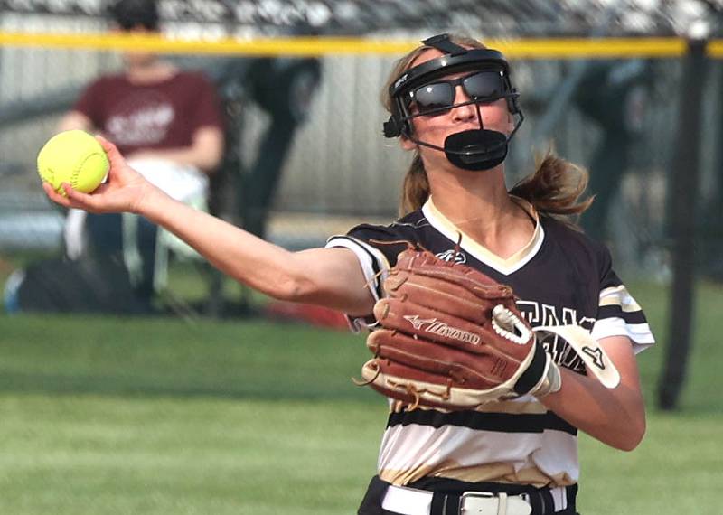 Sycamore's Haley Von Schnase throws to first during their game against Dundee-Crown Thursday, May 18, 2023, at Sycamore High School.
