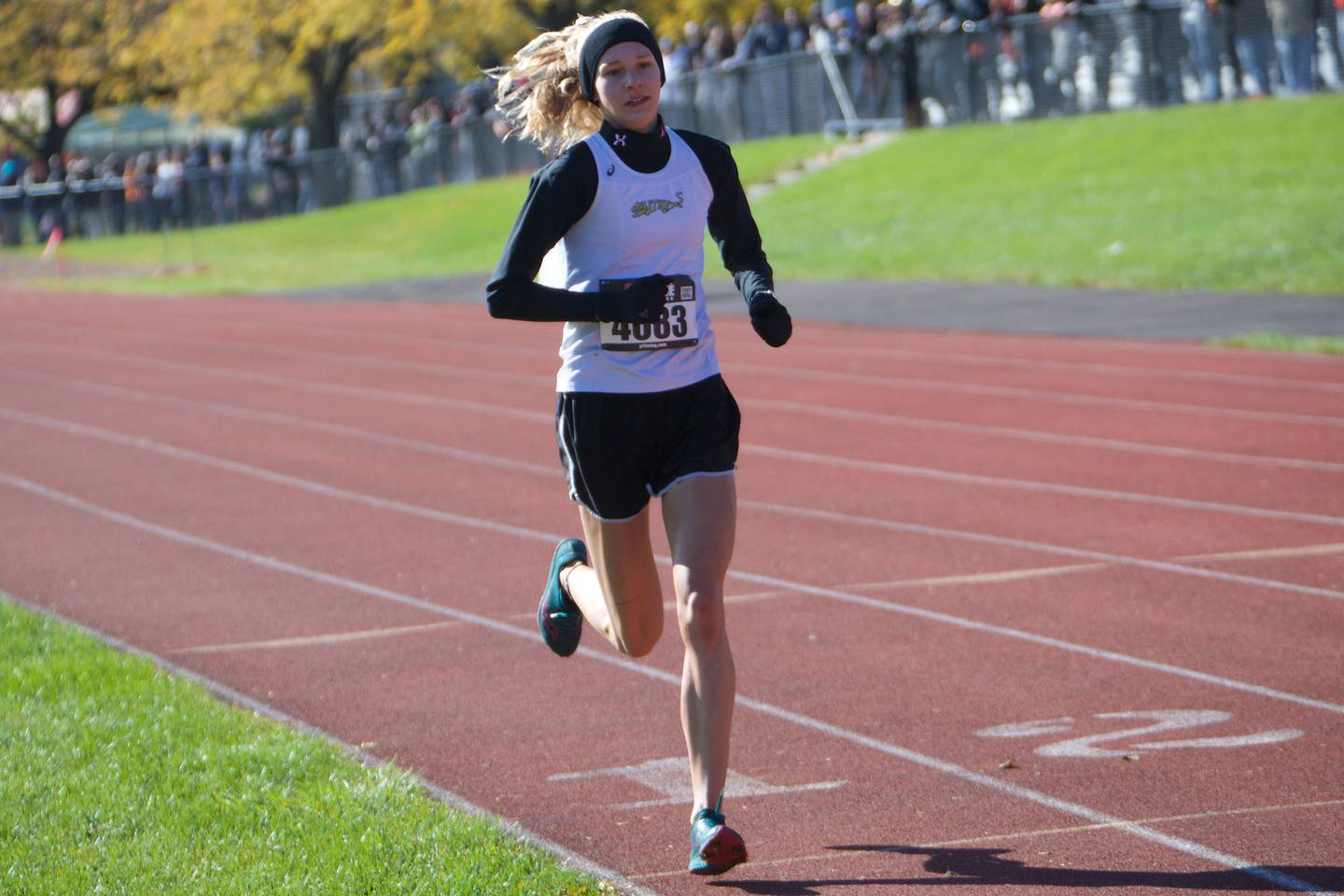Glenbard North's Grace Schager  finishes first at the DuKane Conference Cross Country Meet on Saturday, Oct, 15, 2022 in Roselle.