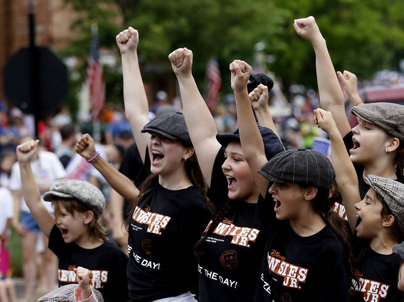 Cast members from the Citadel Theater’s production of Newsies Jr., perform during the Lake Bluff Fourth of July parade on Friday, July 4, 2025, in Lake Bluff.