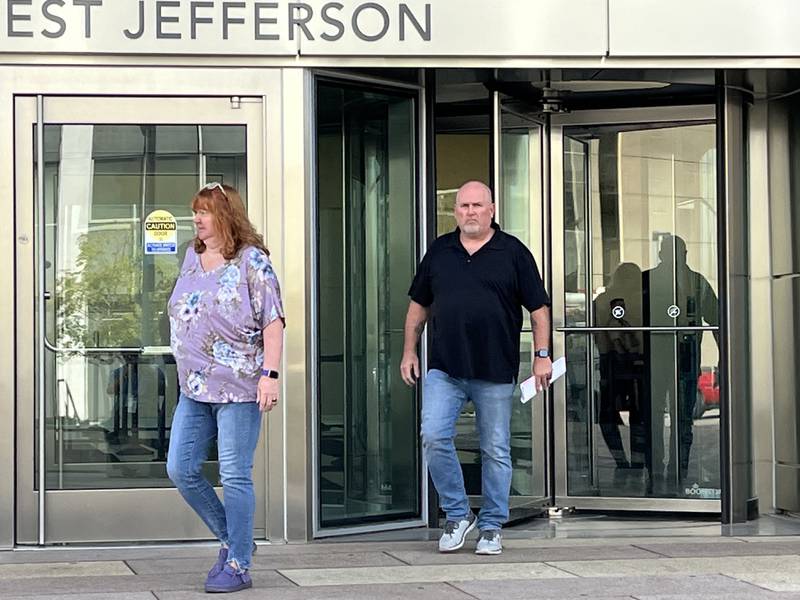 Penny Knowlton (left) and Remon Knowlton leave the Will County Courthouse on Wednesday, Sept. 25, 2024, in Joliet.