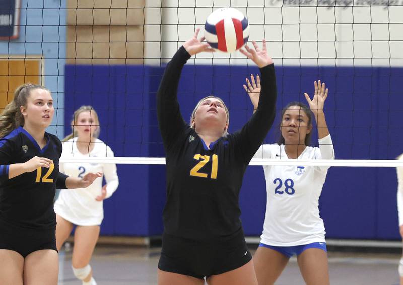 Somonauk's Whitney Andrews sets the ball during their match Thursday, Sept. 15, 2022, at Hinckley-Big Rock High School.