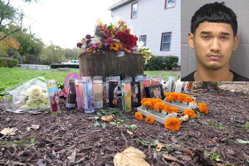 Joskar Ramos (inset) and a memorial to Holly Mathews and Jonathan Ceballos, who were killed at a Halloween party on East Jackson Street.