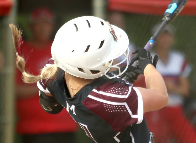 Marengo’s Kylee Jensen connects for a home run against Morrison in IHSA Class 2A Sectional Semifinal softball action at Marian Central High School in Woodstock on Thursday, May 29, 2025.