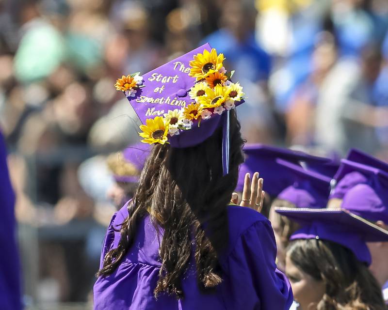 A student shows off her decorated mortarboard during the Plano High School Graduation ceremony Sunday, May 18, 2025 in Plano.