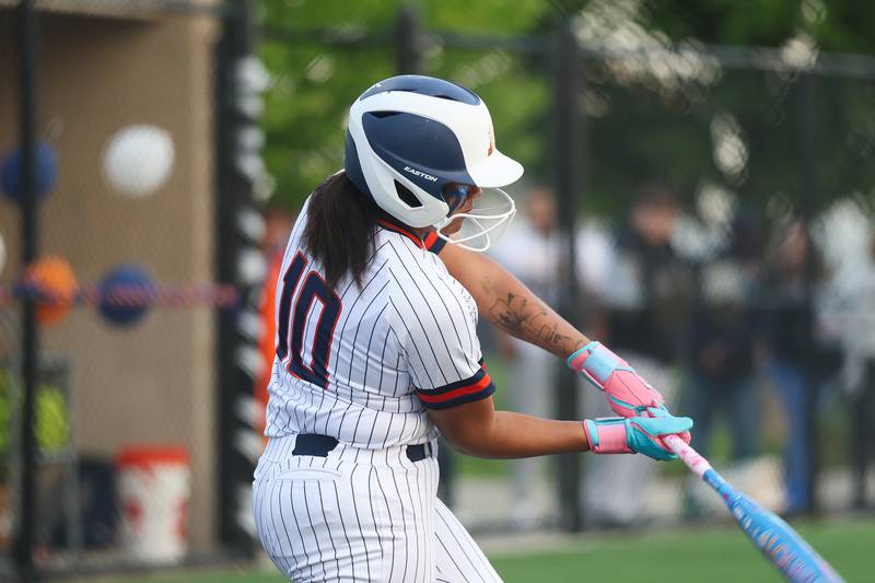 Romeoville’s Mariah Hayes connects against Joliet Central on Tuesday, April 28, 2026 in Romeoville.
