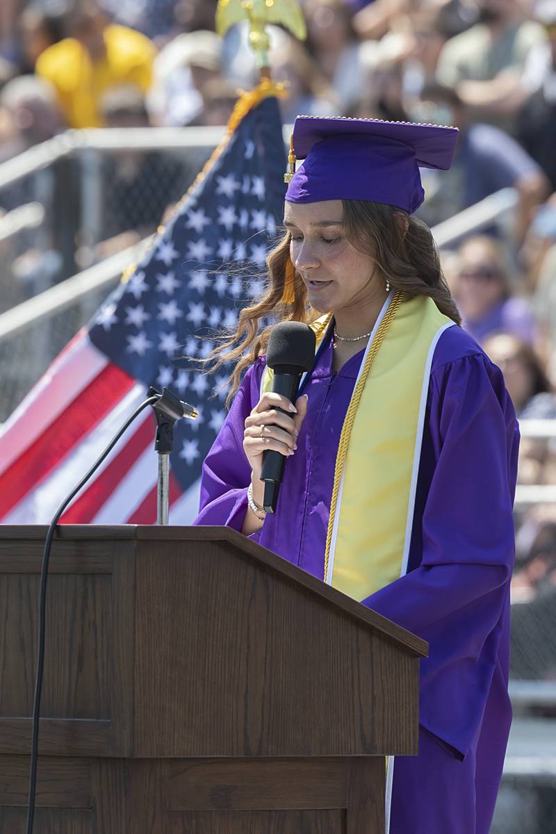 2026 class president Daniela Lovett speaks to her class Sunday, May 24, 2026, to start Dixon High School’s commencement.