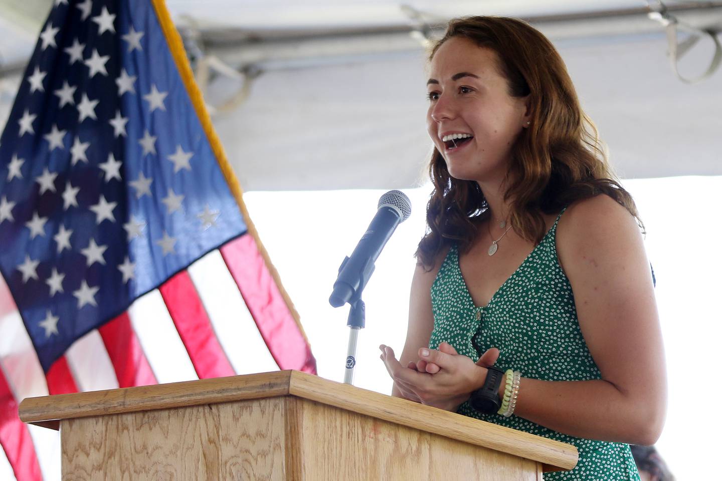 Chase Shepley smiles as she shares stories about her father during a celebration of life honoring former Crystal Lake Mayor Aaron Shepley on Saturday, June 12, 2021 at Three Oaks Recreation Area  in Crystal Lake.