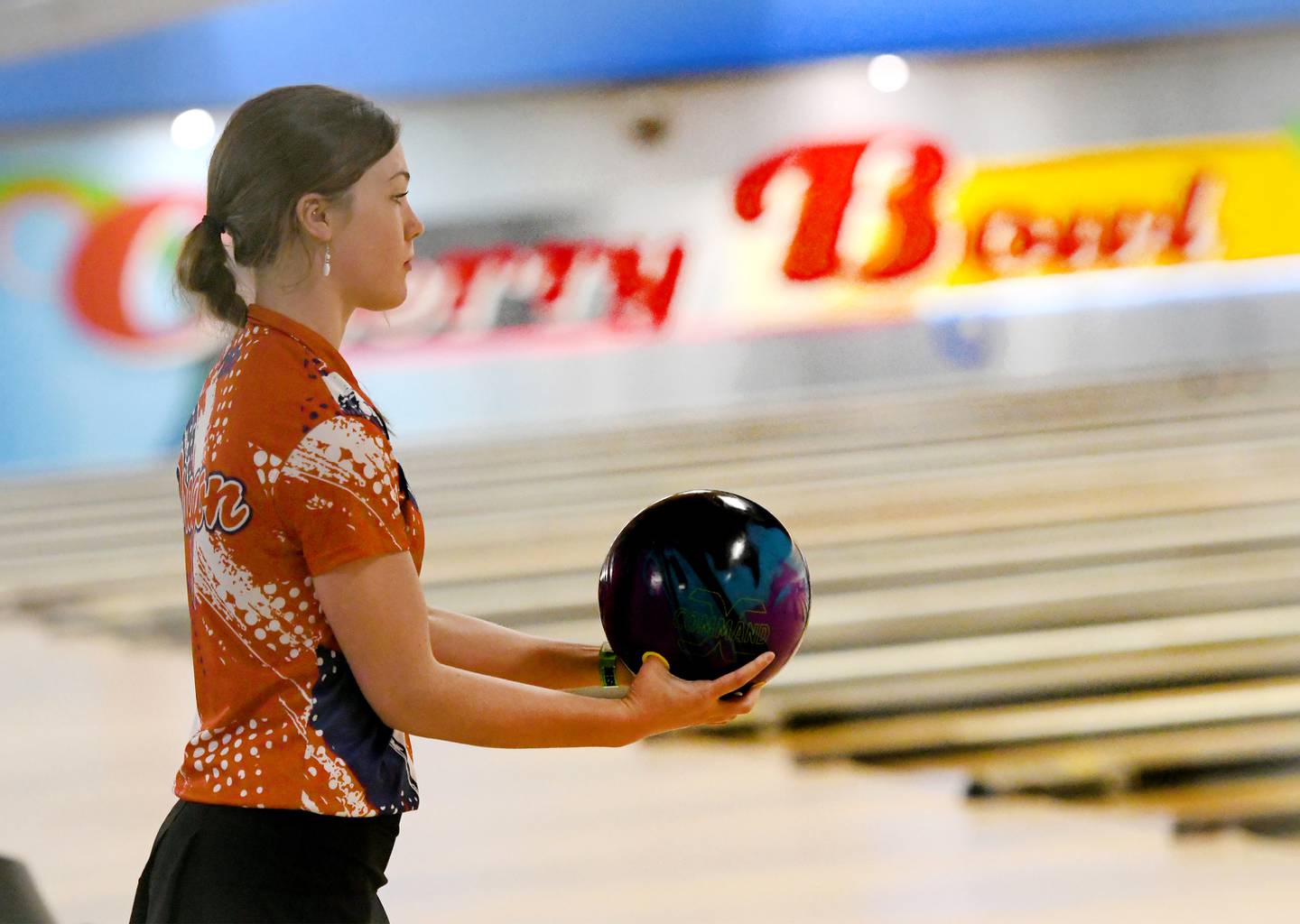 Oregon's Av Wight gets ready to bowl during the finals of the girls state tournament held at Cherry Bowl in Cherry Valley on Saturday.