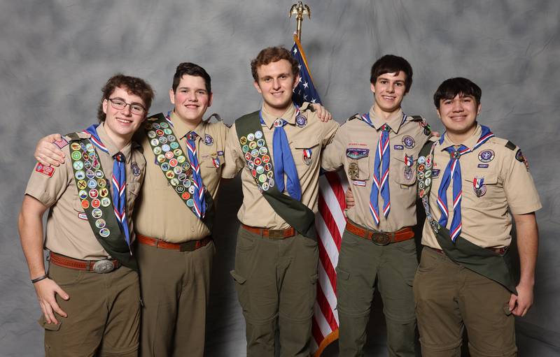 Five Eagle Scouts from Batavia Boy Scout Troop 21, Dylan Baker, (left) Sean O'Brien, Carson Haug, Timothy Mrenna and Noah Staley were honored recently at a Gathering of Eagles event.
