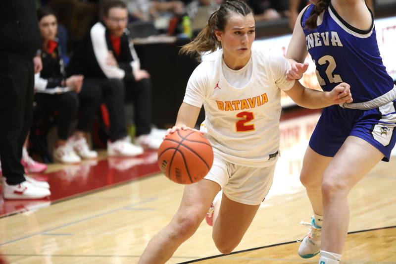 Batavia’s Brooke Carlson drives toward the basket during the Class 4A Batavia Sectional final against Geneva on Thursday, Feb. 22, 2024.
