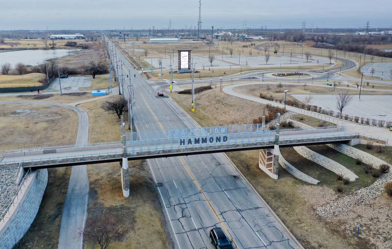 An aerial view of The Wolf Lake Memorial Park looking north on Saturday, Feb. 21, 2026 in Hammond, Ind. The area is a potential site of the new Chicago Bears stadium.