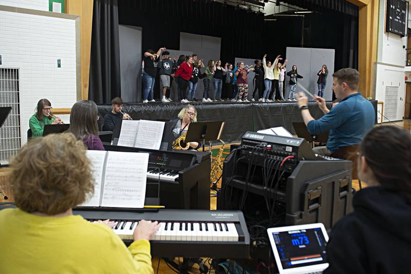The cast and band rehearse Rock Falls High School’s “Seussical the Musical.” Monday, April 25, 2022 at the high school. Performances will be April 29 and 30 at 7pm.