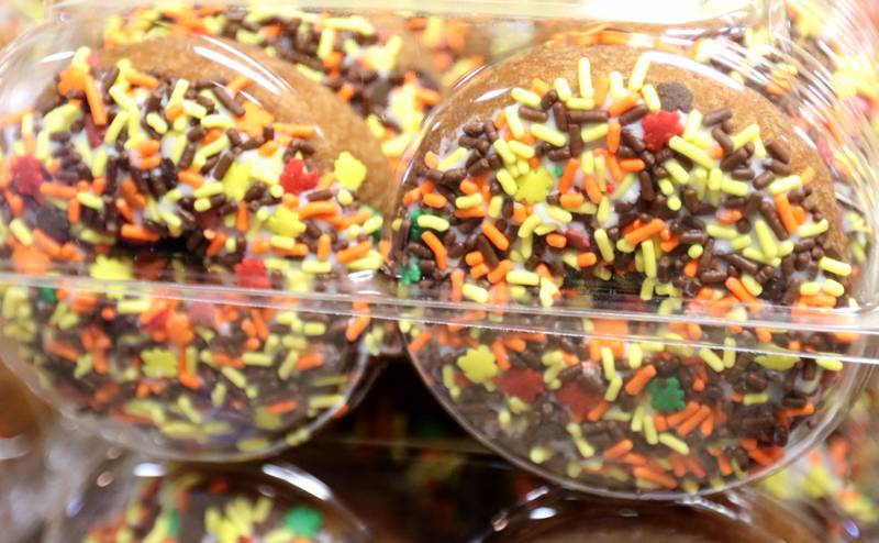 A close up view of sprinkled pumpkin doughnuts during the 26th Annual Pumpkin Harvest Craft Show. at Boggios Orchard and Produce on Saturday, Sept. 27, 2025 in Granville. This weekend featured the craft show, market, bakery, and pumpkin hill free of charge. There is a cost to take the kids to the play area which includes a jumping pillow, corn maze, wagon rides, a petting zoo, and playground.