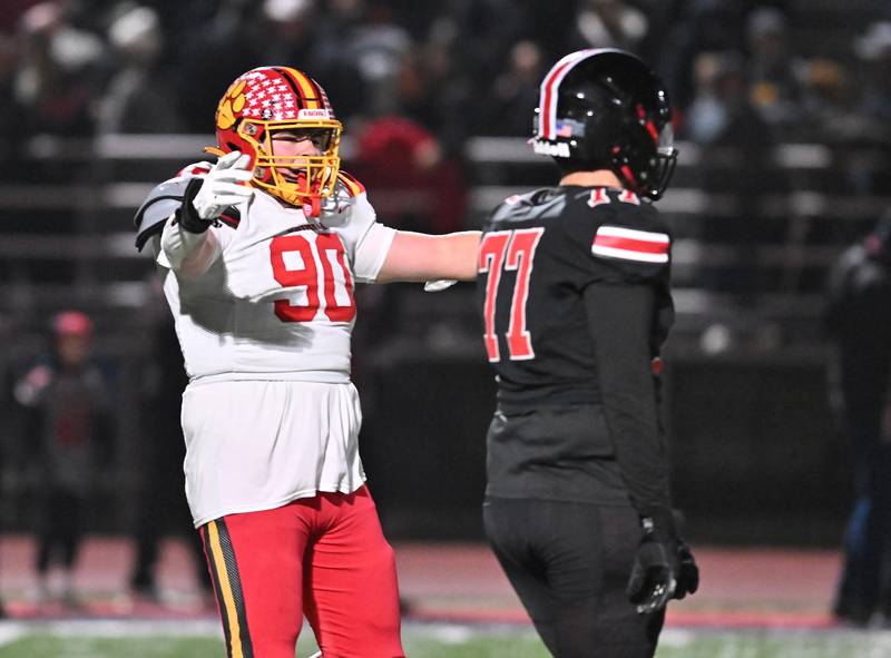 Batavia's Gavin Pecor (90) reacts as time runs out in the 4 quarter during the Class 7A semifinal playoff game against Lincoln-Way Central on Saturday, Nov 23, 2024 at New Lenox. (Dean Reid for Shaw Local News)