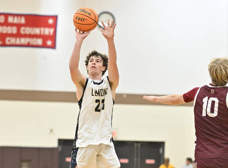 Lemont's Lucas Glotzbach shoots a 3 point shot during the WJOL tournament championship game against Lockport on Saturday, NOV. 29, 2025, at Joliet.