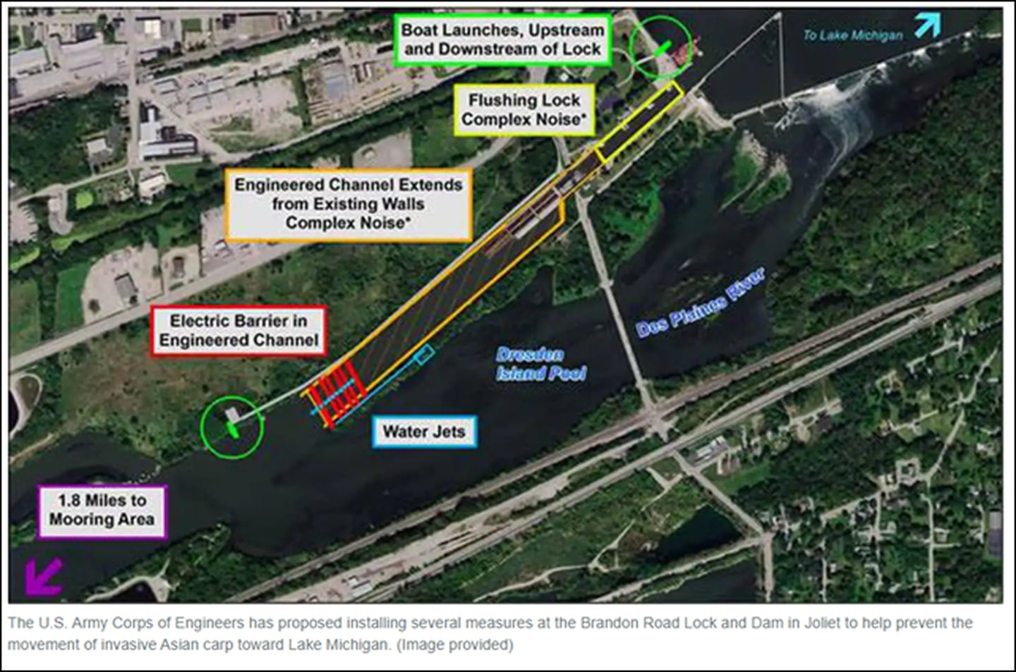Diagram shows most recent plans for Brandon Road Interbasin Project provided by the U.S. Army Corps of Engineers. May 27, 2025