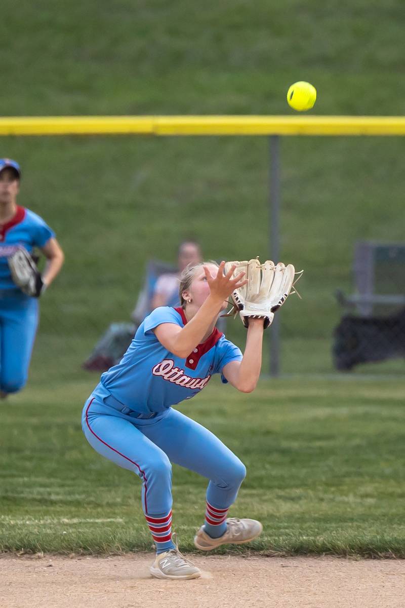 Rylee Harsted (11) of Ottawa catches fly ball on Tuesday, June 3, 2025 at Ottawa High School in Ottawa.