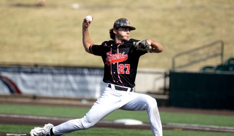 Edwardsville’s Joe Chiarodo pitches during a Class 4A state semifinal game against York at Duly Health and Care Field in Joliet on Friday, June 9, 2023.