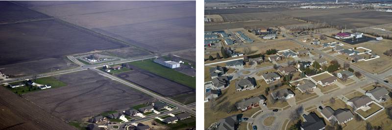(Left) An aerial looking northeast near the intersection of North 29th Road (Wenzel Road) and Marquette Road on Wednesday, Jan. 6, 2005. The bottom street with the cul-de-sac is 34th Street. (Right) An aerial looking northeast near the intersection of North 29th Road (Wenzel Road) and Marquette Road on Monday, March 3, 2025. The bottom street with the cul-de-sac is 33rd Street and the top street with the cul-de-sac is 34th Street.