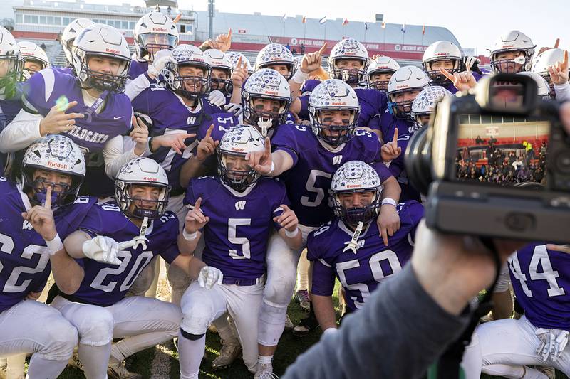 Wilmington celebrates their 42-6 win over Maroa-Forsyth Friday, Nov. 28, 2025, in the Class 2A football finals at Hancock Stadium at ISU.