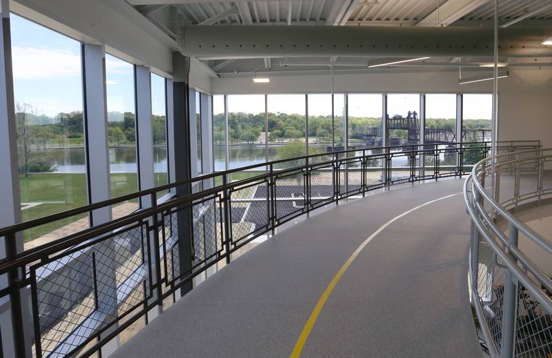 A view of the running/walking track and Ottawa Railroad Bridge inside the new Ottawa YMCA on Monday, May 6, 2024 in Ottawa. The facility will open to the public on Monday, May 13, 2024 in Ottawa.