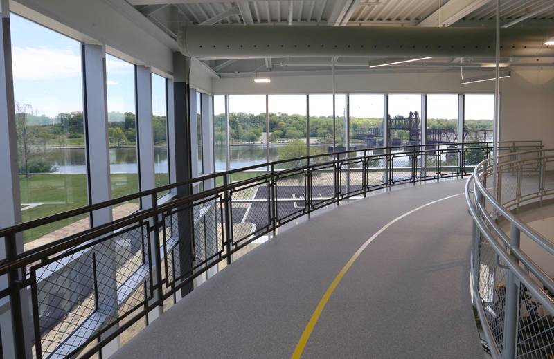 A view of the running/walking track and Ottawa Railroad Bridge inside the new Ottawa YMCA on Monday, May 6, 2024 in Ottawa. The facility will open to the public on Monday, May 13, 2024 in Ottawa.