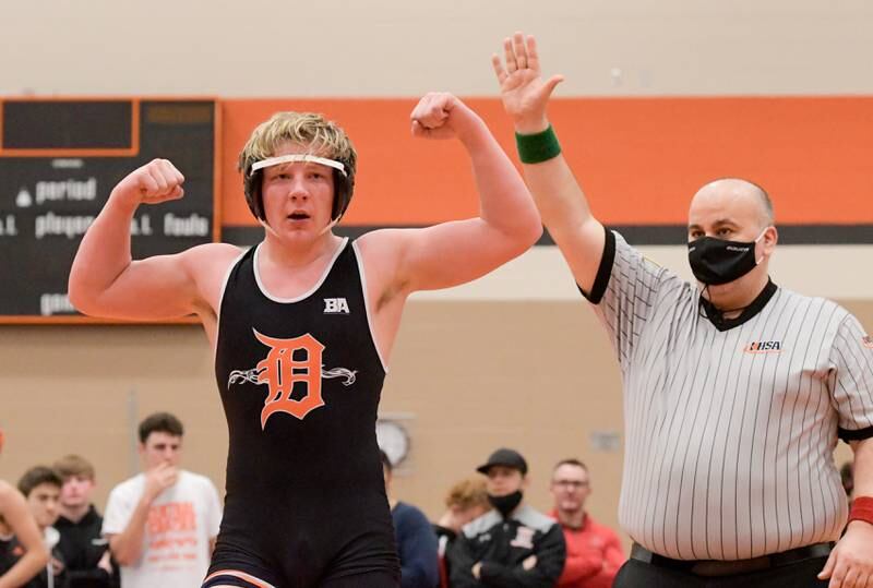 DeKalb's Nate Sauer defeats Father Ryan’s Abraham Cromartie at 285 pounds during the Don Flavin invitational in DeKalb on Wednesday, Dec. 30, 2021.