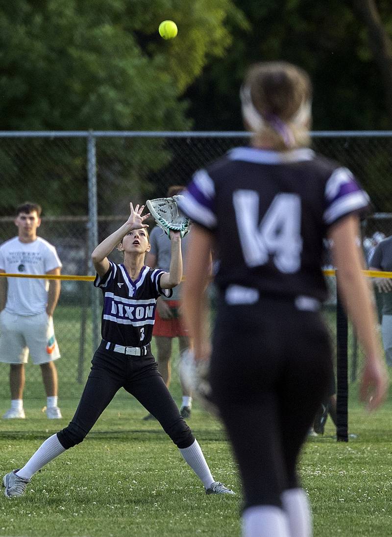 Dixon’s Addy Williams camps under a fly ball against Belvidere North Tuesday, May 27, 2025, during a Class 3A Regional softball game in Dixon.