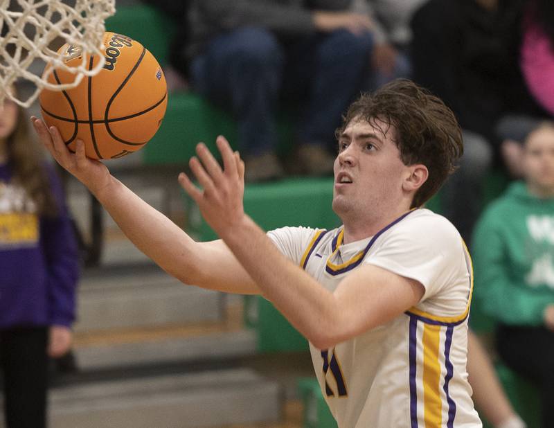 Mendota’s Aden Tillman goes to the hoop against Oregon Friday, Feb. 27, 2026, at the Class 2A Rock Falls boys basketball regional.