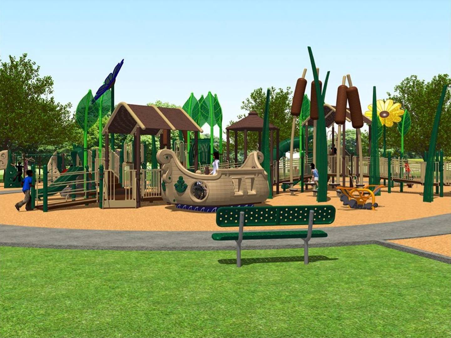Renderings of creative thematic structures that could be part of a new inclusive playground the city hopes to build in 2023 at Emricson Park in Woodstock.