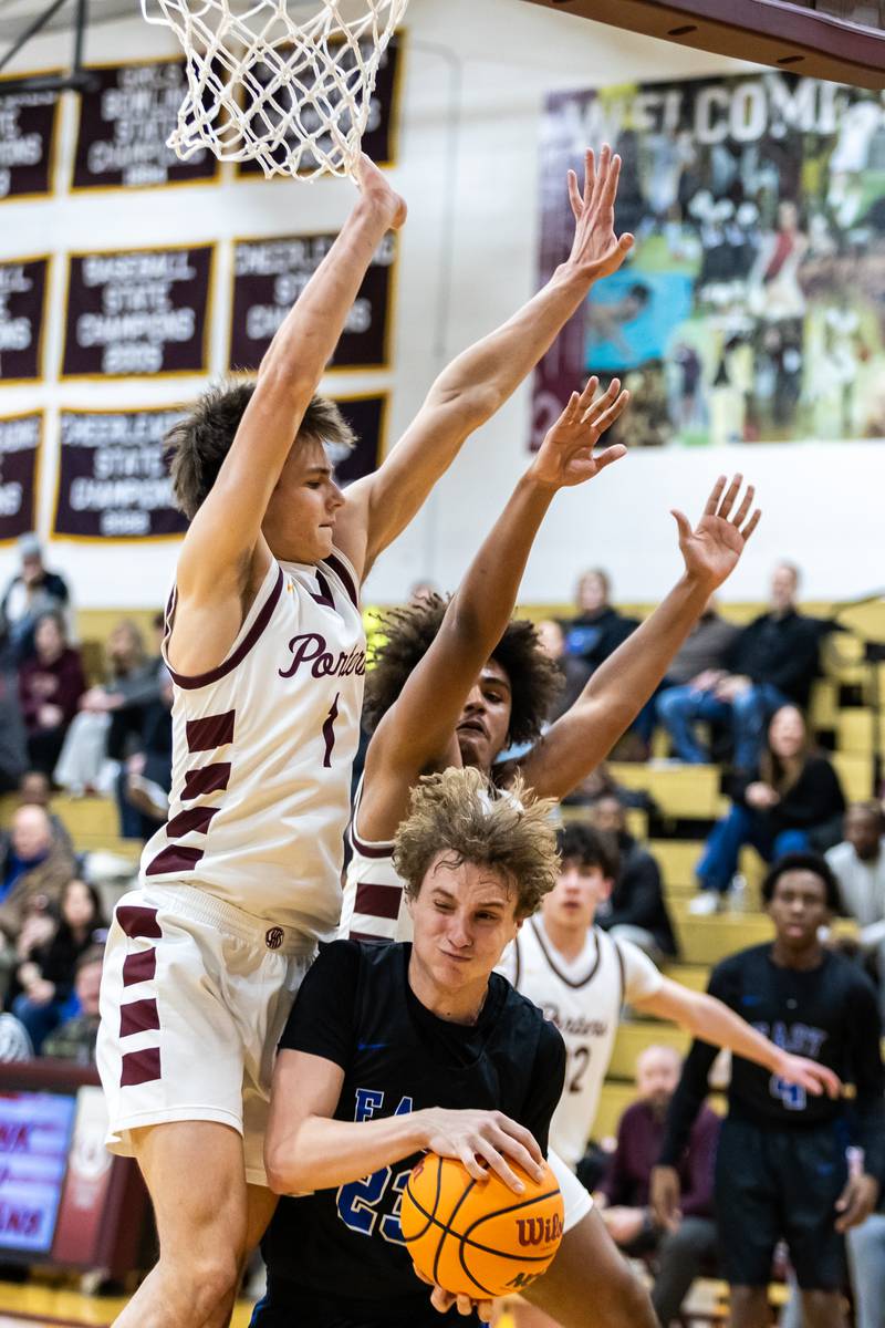 Lincoln-Way East's Aaron Stauffacher drives to the basket during a varsity basketball game against Lockport at Lockport Township High School East Campus on Jan. 23, 2026.