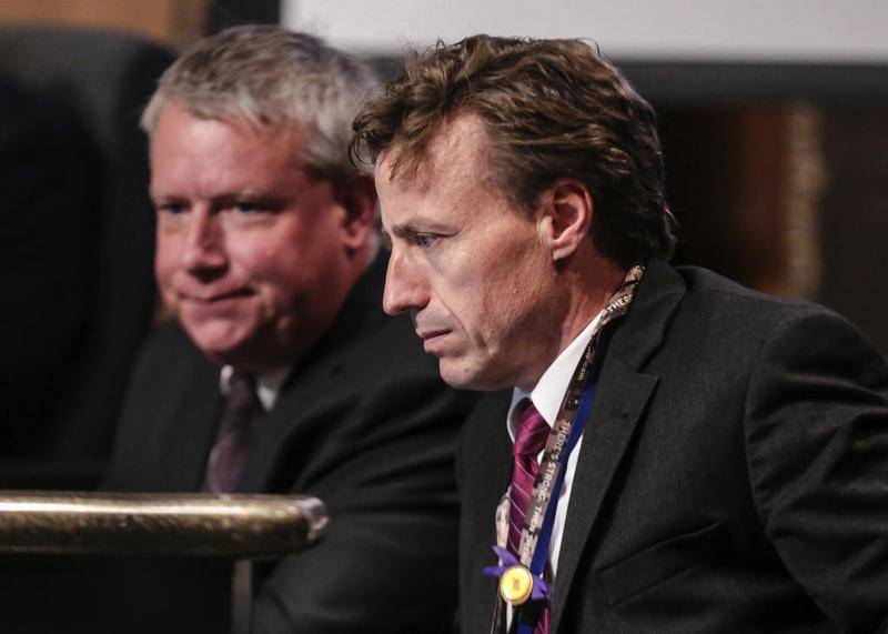 fInterim City Manager Marty Shanahan (right) attends Monday's pre-council meeting on June 17, 2019, at City Hall in Joliet, Ill.