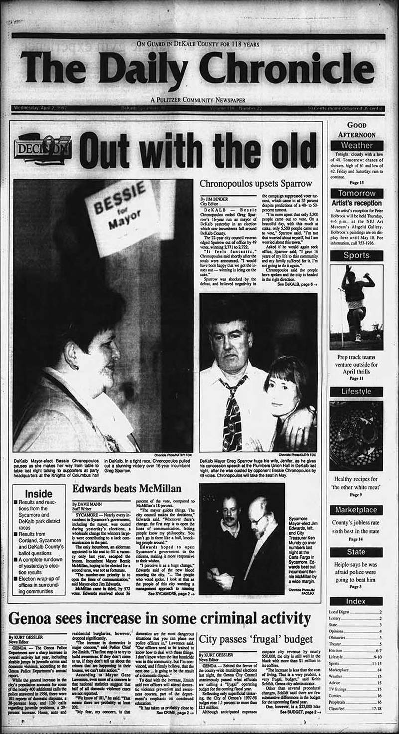 The front page of the Daily Chronicle from April 2, 1992 marking Bessie Chronopoulos's mayoral victory in the city of DeKalb Consolidated Election.
