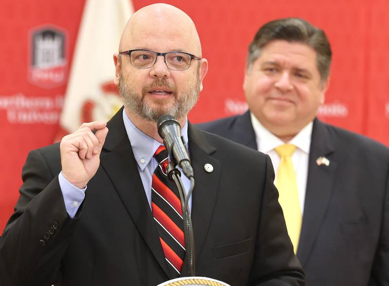 State Rep. Jeff Keicher, R-Sycamore, speaks during a news conference Tuesday, April, 4, 2023, at Northern Illinois University in DeKalb. Keicher and other Illinois lawmakers, DeKalb city officials, representatives from NIU and Gov. JB Pritzker were on hand to promote the importance of funding higher education in Illinois.