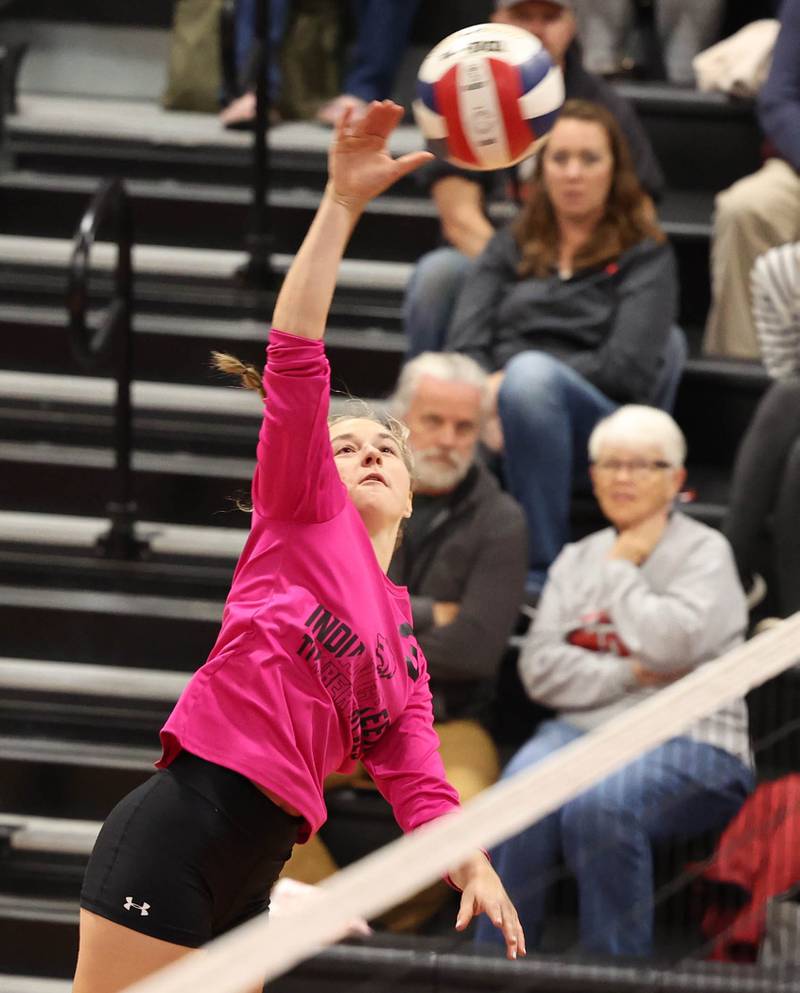 Indian Creek's Molly Feitlich spikes the ball during their match against DePue Thursday night at Indian Creek High School in Shabbona.