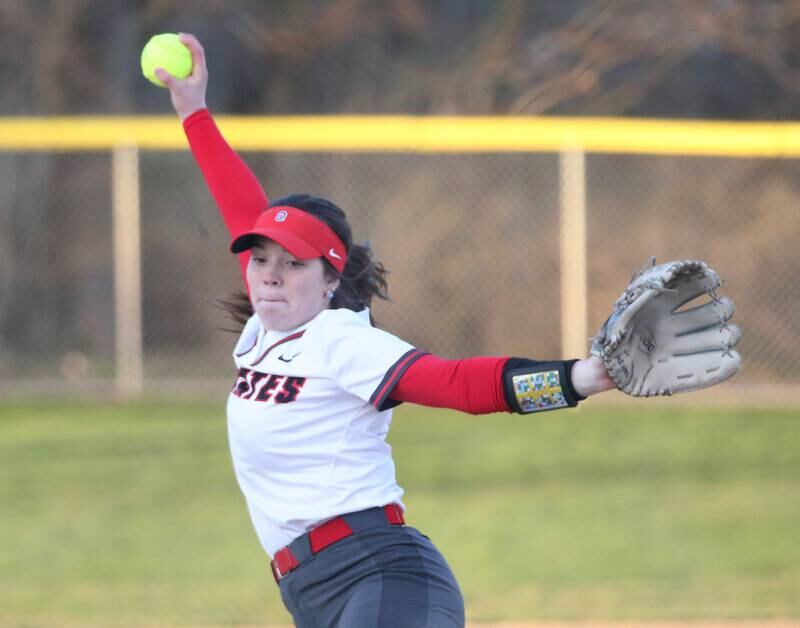 Ottawa's Maura Condon delivers a pitch to Plano on Thursday, April 6, 2023 at King Field in Ottawa.