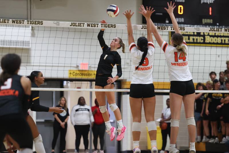 Joliet West’s Ava Grevengoed flips a shot against Minooka on Tuesday, Sept. 26, 2023 in Joliet.