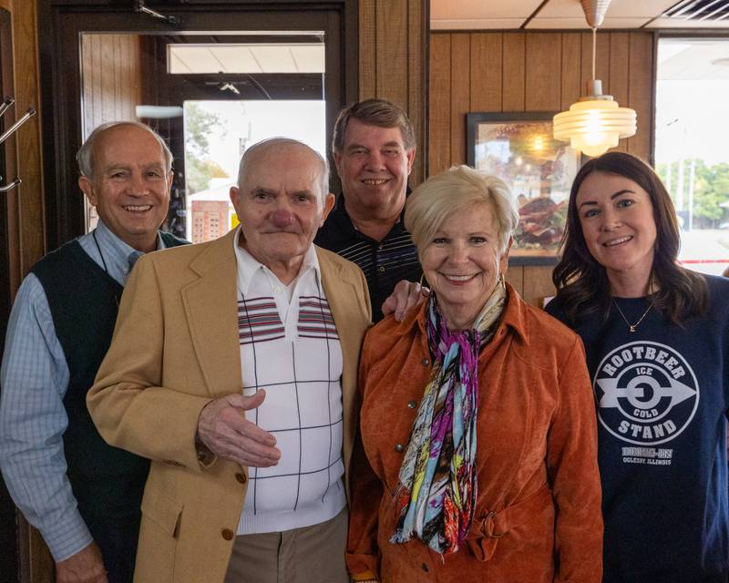 (from left) Gary Peterlin, Sam Leone, Doug McManus, Lana Peterlin and Elena Ridley pose for photo at Sam’s retirement celebration on Saturday, October 25, 2025 at the Rootbeer Stand in Oglesby.