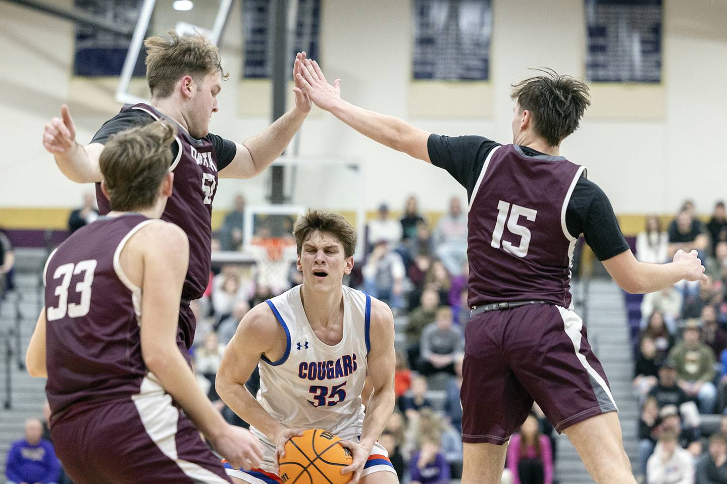 Eastland’s Parker Krogman works against the Dakota defense Wednesday, March 5, 2025, during the Class 1A boys basketball Sectional semifinal at Pecatonica High School.