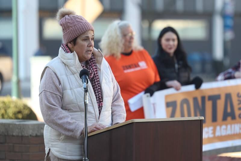 Will County Executive Jennifer Bertino-Tarrant speaks during a rally for ZONTA Says No To Violence Against Women outside the old court house on Tuesday in Joliet.