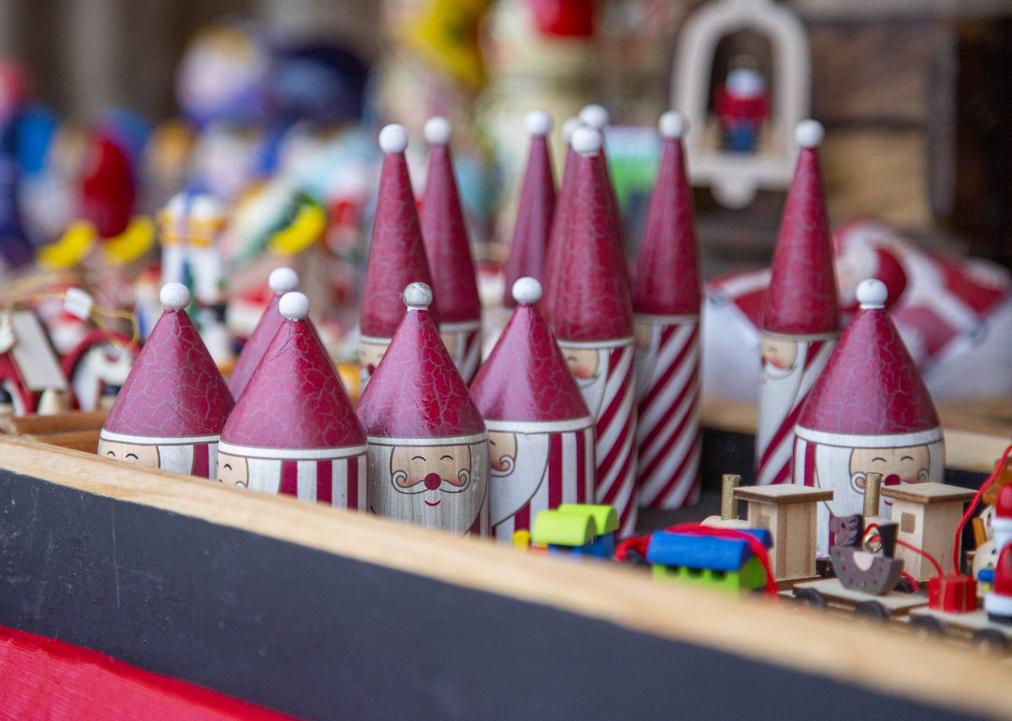 Holiday-themed toys are displayed at one of the huts open at the Chris Kringle Market in Ottawa. The Market will be open again Friday, Dec. 10, through Sunday, Dec. 12; Friday, Dec. 17 through Sunday, Dec. 19. Vendors are in the Jordan block as well as Washington Square and Jackson Street.