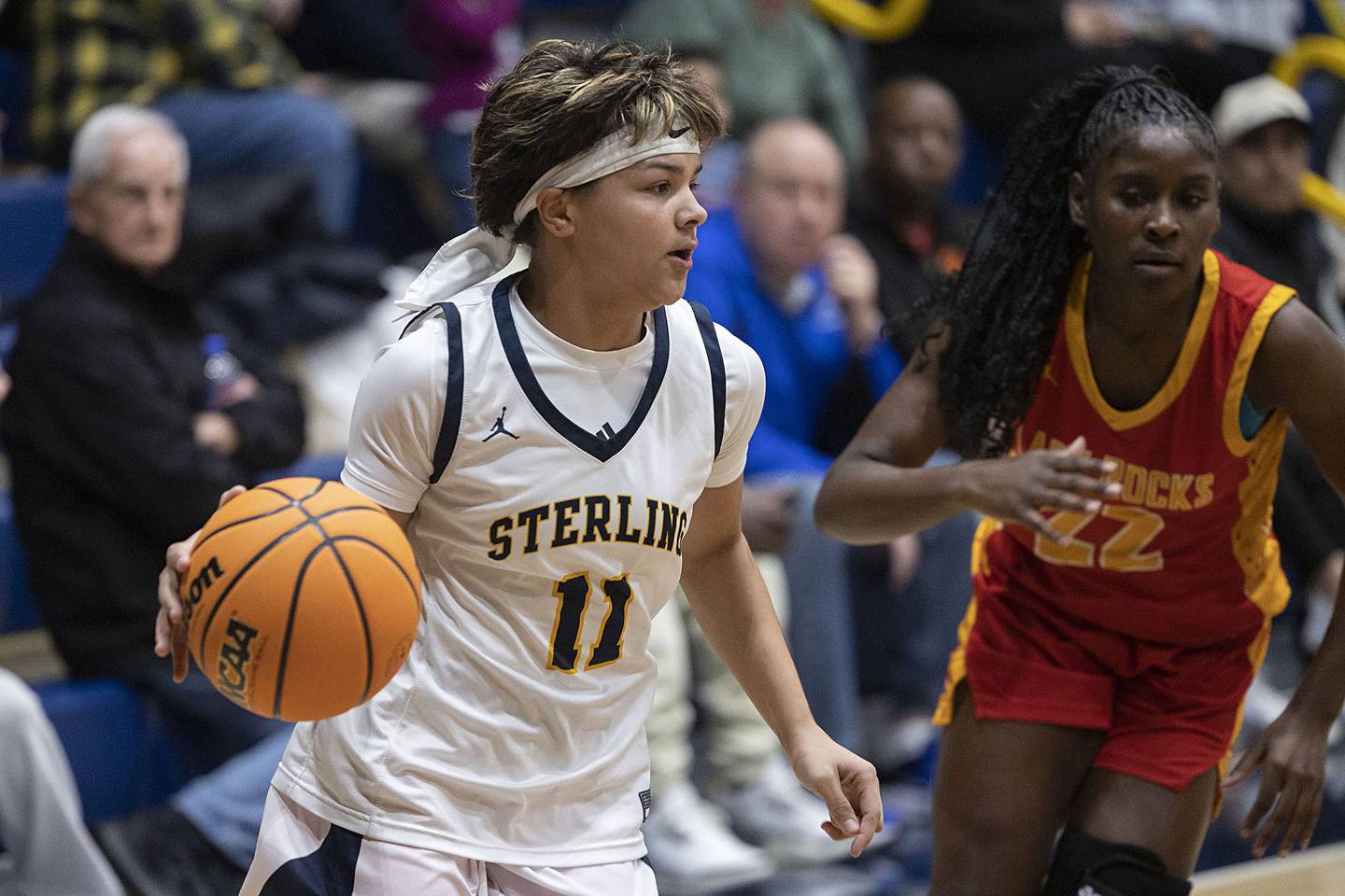Sterling’s Joslynn James handles the ball against Rock Island Tuesday, Nov. 25, 2025.