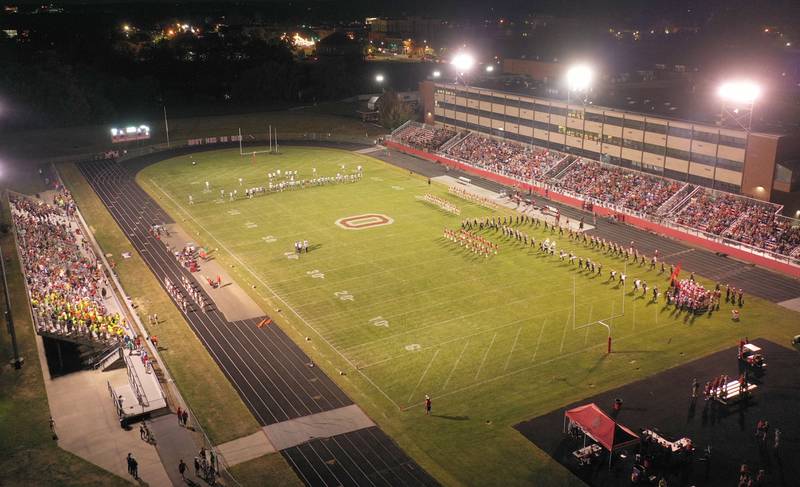 An aerial view of King Field on Friday, Sept. 12, 2025 at Ottawa High School. La Salle-Peru played Ottawa during the 127th meeting between the two teams. The teams first met in 1898. The rivalry is one of the top 50 oldest high school football rivalries in the country still active.