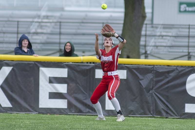 Oregon right fielder Katelyn Bowers hauls in a fly ball against Rock Falls for an out Friday, May 20, 2022.