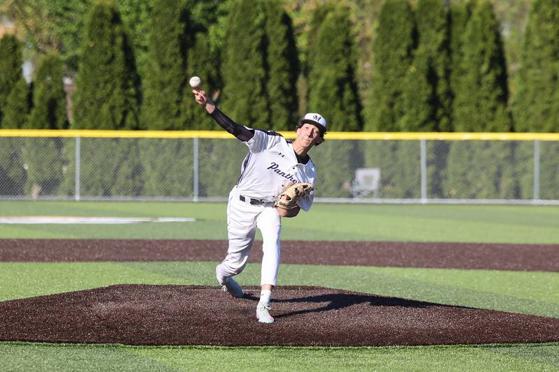 Manteno’s Braden Campbell pitches during the Panthers’ 8-7 victory over Herscher on Tuesday, May 6, 2025.