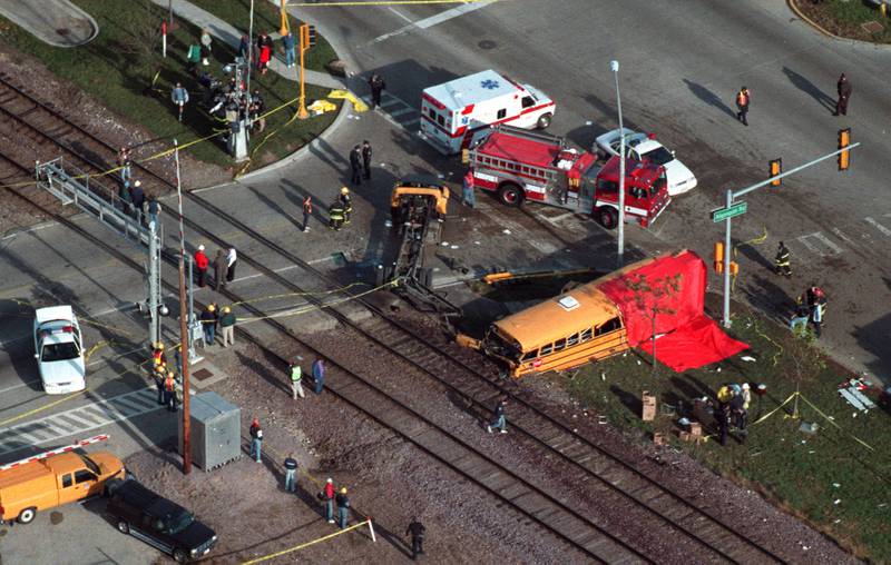 Aerial photo of the Fox River Grove bus and train crash, October 25, 1995.