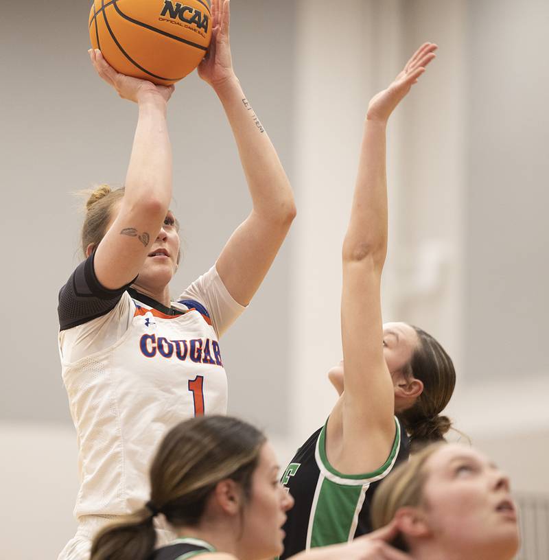 Eastland's Trixie Carroll puts up a shot against Wethersfield Tuesday, Feb. 24, 2026, in the Class 1A sectional at Eastland High School.