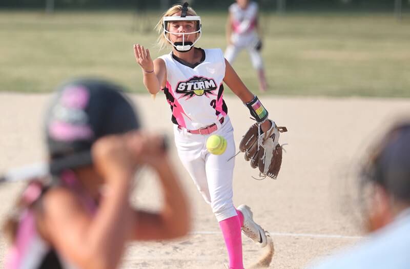 Kishwaukee Valley Storm 10u player Neve Crittenden delivers a pitch Wednesday, June 21, 2023, during a scrimmage game against the Poplar Grove Power at the Sycamore Community Sports Complex. The Kishwaukee Valley Storm is hosting the Storm Dayz tournament this weekend which draws about 70 teams and runs Friday through Sunday in Sycamore.